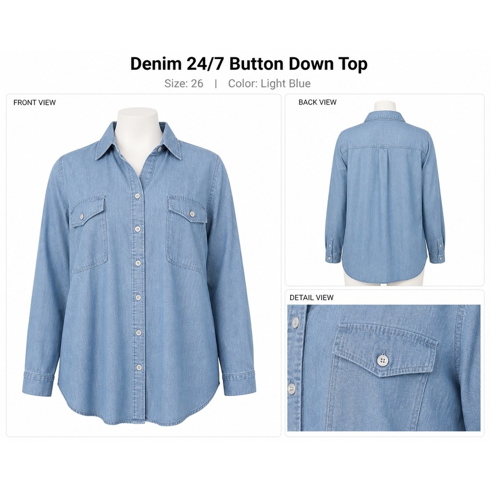 Denim 24/7 Womens Light‎ Blue Button Down Chambray Shirt Long Sleeve Size 26